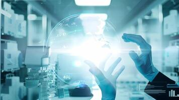 Hands interacting with futuristic digital interface display UI hologram glowing virtual reality smart glass projection AR VR AI technology information statistics business audit video