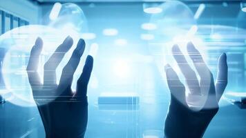 Hands interacting with futuristic digital interface display UI hologram glowing virtual reality smart glass projection AR VR AI technology information statistics business audit video