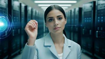 Woman IT specialist engineer system administrator server room backend software hardware female girl security cloud computing AI training expert specialist technology data analyst network video