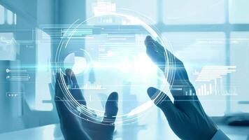 Hands interacting with futuristic digital interface display UI hologram glowing virtual reality smart glass projection AR VR AI technology information statistics business audit video