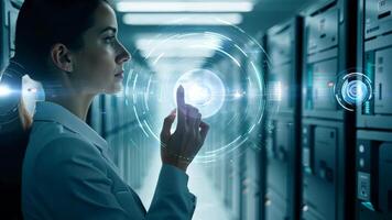 Woman IT specialist engineer system administrator server room backend software hardware female girl security cloud computing AI training expert specialist technology data analyst network video