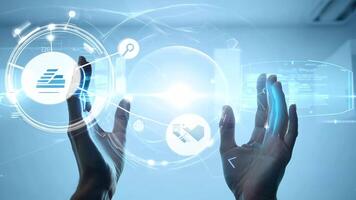 Hands interacting with futuristic digital interface display UI hologram glowing virtual reality smart glass projection AR VR AI technology information statistics business audit video