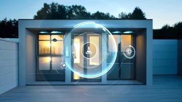 Smart home UI control center alarm system security suburban house apartment exterior cottage technology modern futuristic user interface interaction app device remote rich safety screen video