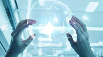 Hands interacting with futuristic digital interface display UI hologram glowing virtual reality smart glass projection AR VR AI technology information statistics business audit video