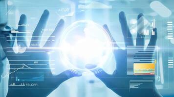 Hands interacting with futuristic digital interface display UI hologram glowing virtual reality smart glass projection AR VR AI technology information statistics business audit video
