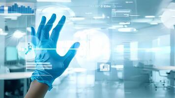 Hands interacting with futuristic digital interface display UI hologram glowing virtual reality smart glass projection AR VR AI technology information statistics business audit video