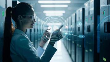Woman IT specialist engineer system administrator server room backend software hardware female girl security cloud computing AI training expert specialist technology data analyst network video