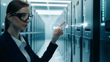 Woman IT specialist engineer system administrator server room backend software hardware female girl security cloud computing AI training expert specialist technology data analyst network video