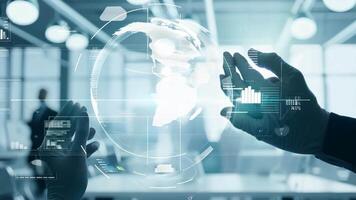 Hands interacting with futuristic digital interface display UI hologram glowing virtual reality smart glass projection AR VR AI technology information statistics business audit video