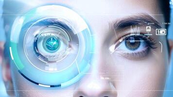 Holographic glowing eyes AI computer vision virtual reality eye eyelid lens augmented projection robot humanoid technology tracking smart digital moving retina iris innovation video