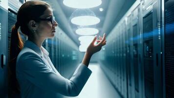 Woman IT specialist engineer system administrator server room backend software hardware female girl security cloud computing AI training expert specialist technology data analyst network video
