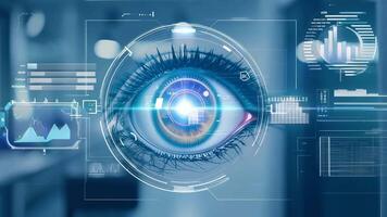 Holographic glowing eyes AI computer vision virtual reality eye eyelid lens augmented projection robot humanoid technology tracking smart digital moving retina iris innovation video