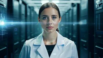 Woman IT specialist engineer system administrator server room backend software hardware female girl security cloud computing AI training expert specialist technology data analyst network video