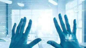 Hands interacting with futuristic digital interface display UI hologram glowing virtual reality smart glass projection AR VR AI technology information statistics business audit video