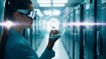 Woman IT specialist engineer system administrator server room backend software hardware female girl security cloud computing AI training expert specialist technology data analyst network video