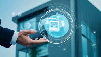 Smart home UI control center alarm system security suburban house apartment exterior cottage technology modern futuristic user interface interaction app device remote rich safety screen video
