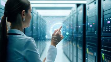 Woman IT specialist engineer system administrator server room backend software hardware female girl security cloud computing AI training expert specialist technology data analyst network video