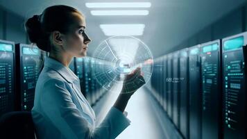 Woman IT specialist engineer system administrator server room backend software hardware female girl security cloud computing AI training expert specialist technology data analyst network video