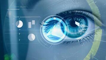 Holographic glowing eyes AI computer vision virtual reality eye eyelid lens augmented projection robot humanoid technology tracking smart digital moving retina iris innovation video