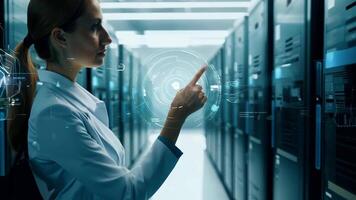 Woman IT specialist engineer system administrator server room backend software hardware female girl security cloud computing AI training expert specialist technology data analyst network video