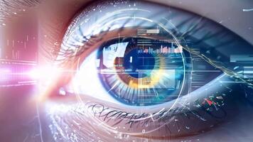 Holographic glowing eyes AI computer vision virtual reality eye eyelid lens augmented projection robot humanoid technology tracking smart digital moving retina iris innovation video