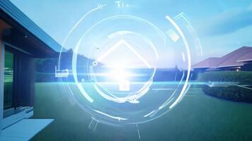 Smart home UI control center alarm system security suburban house apartment exterior cottage technology modern futuristic user interface interaction app device remote rich safety screen video