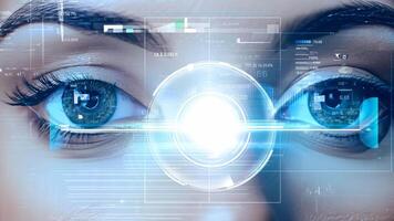 Holographic glowing eyes AI computer vision virtual reality eye eyelid lens augmented projection robot humanoid technology tracking smart digital moving retina iris innovation video