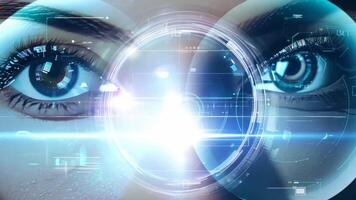 Holographic glowing eyes AI computer vision virtual reality eye eyelid lens augmented projection robot humanoid technology tracking smart digital moving retina iris innovation video