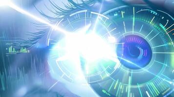 Holographic glowing eyes AI computer vision virtual reality eye eyelid lens augmented projection robot humanoid technology tracking smart digital moving retina iris innovation video
