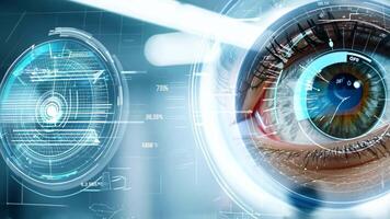 Holographic glowing eyes AI computer vision virtual reality eye eyelid lens augmented projection robot humanoid technology tracking smart digital moving retina iris innovation video