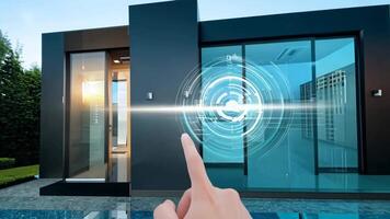Smart home UI control center alarm system security suburban house apartment exterior cottage technology modern futuristic user interface interaction app device remote rich safety screen video