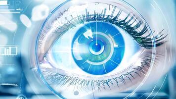 Holographic glowing eyes AI computer vision virtual reality eye eyelid lens augmented projection robot humanoid technology tracking smart digital moving retina iris innovation video