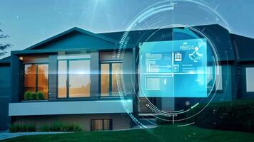 Smart home UI control center alarm system security suburban house apartment exterior cottage technology modern futuristic user interface interaction app device remote rich safety screen video