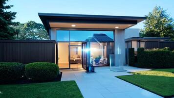 Smart home UI control center alarm system security suburban house apartment exterior cottage technology modern futuristic user interface interaction app device remote rich safety screen video