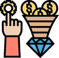 A hand pointing to a funnel with money in it vector
