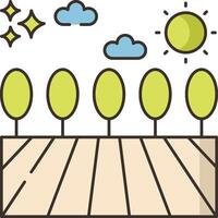 A line drawing of a field with trees and sun vector