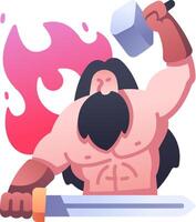 A cartoon man with a sword and a fire vector