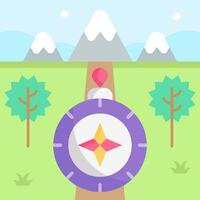 A flat design of a compass with mountains in the background vector