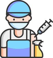 A man in a surgical mask and hat holding a syringe vector
