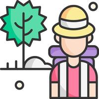 A man with a backpack and hat is standing in front of a tree vector
