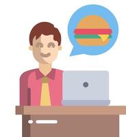 A man sitting at a desk with a burger and a speech bubble vector