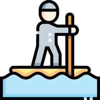 A man is standing on a paddle board in the water vector