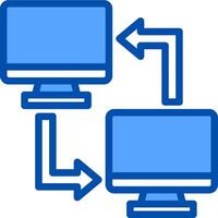 Two computers connected to each other with arrows pointing to each other vector