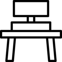 A black and white drawing of a desk with a computer monitor vector