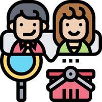 A couple is looking at a computer and a magnifying glass vector