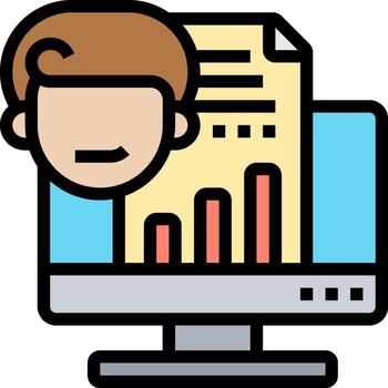 un hombre es sentado en frente de un computadora con un gráfico en eso vector