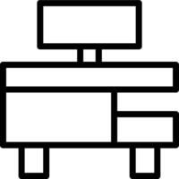 A black and white drawing of a desk with a computer monitor vector