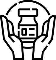 A black and white icon of a bottle with a hand holding it vector