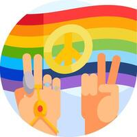 A peace sign with two hands and a rainbow flag vector