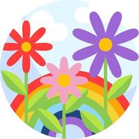 A colorful flower and rainbow in the middle of a field vector